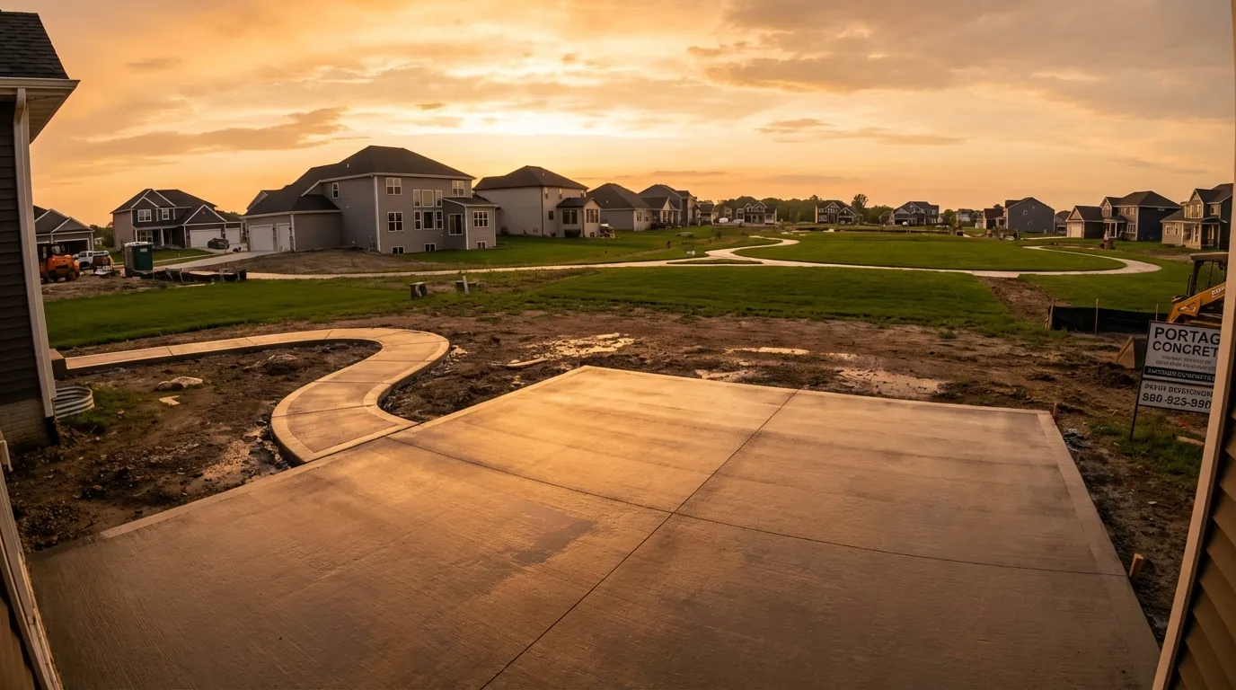 Concrete driveway and patio installation in Portage, Indiana by Hoosier Concrete Construction Concrete driveway and patio installation in Portage, Indiana by Hoosier Concrete Construction