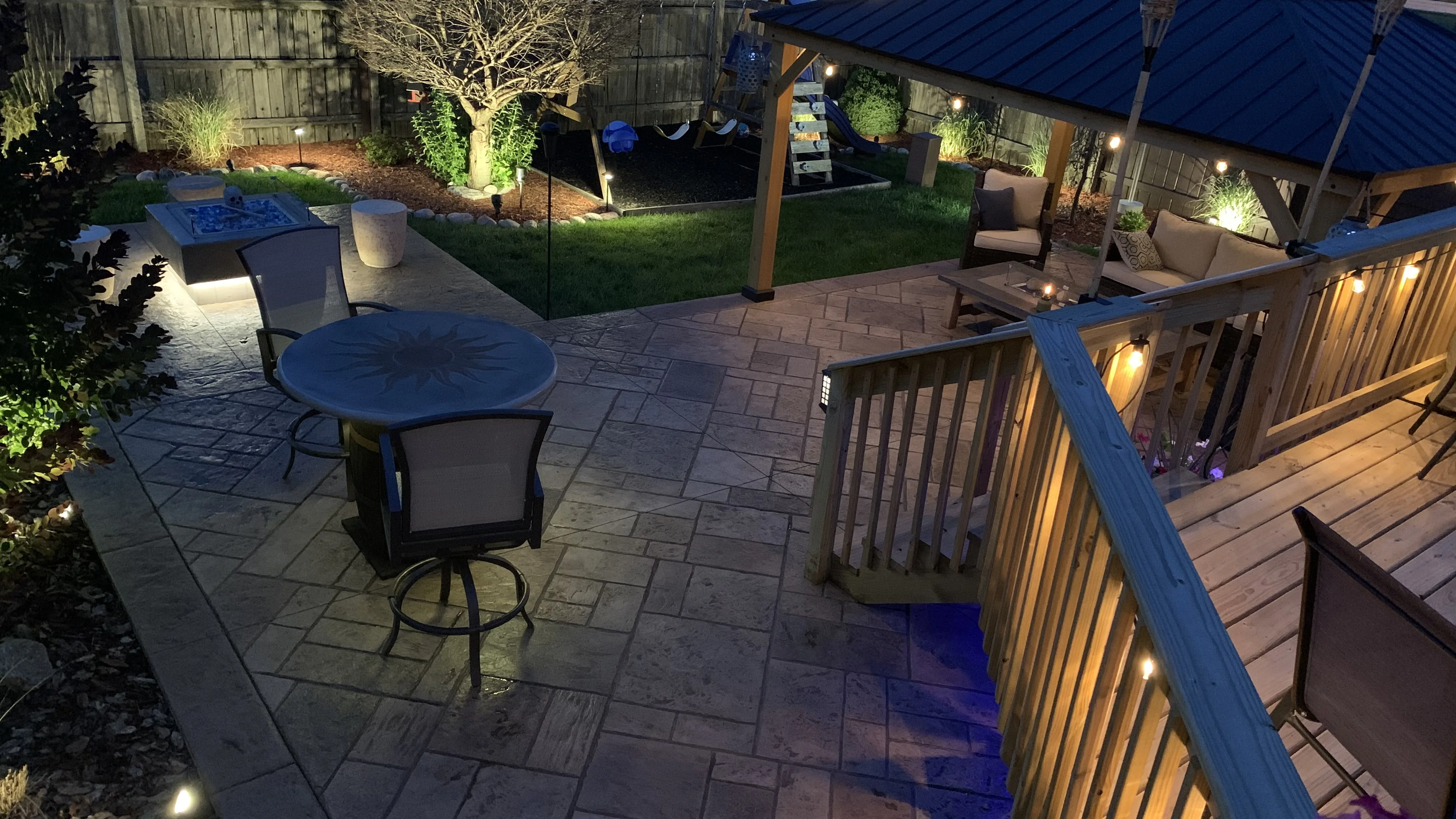 Stamped concrete patio with ashlar slate pattern installed by Hoosier Concrete Construction in Northwest Indiana