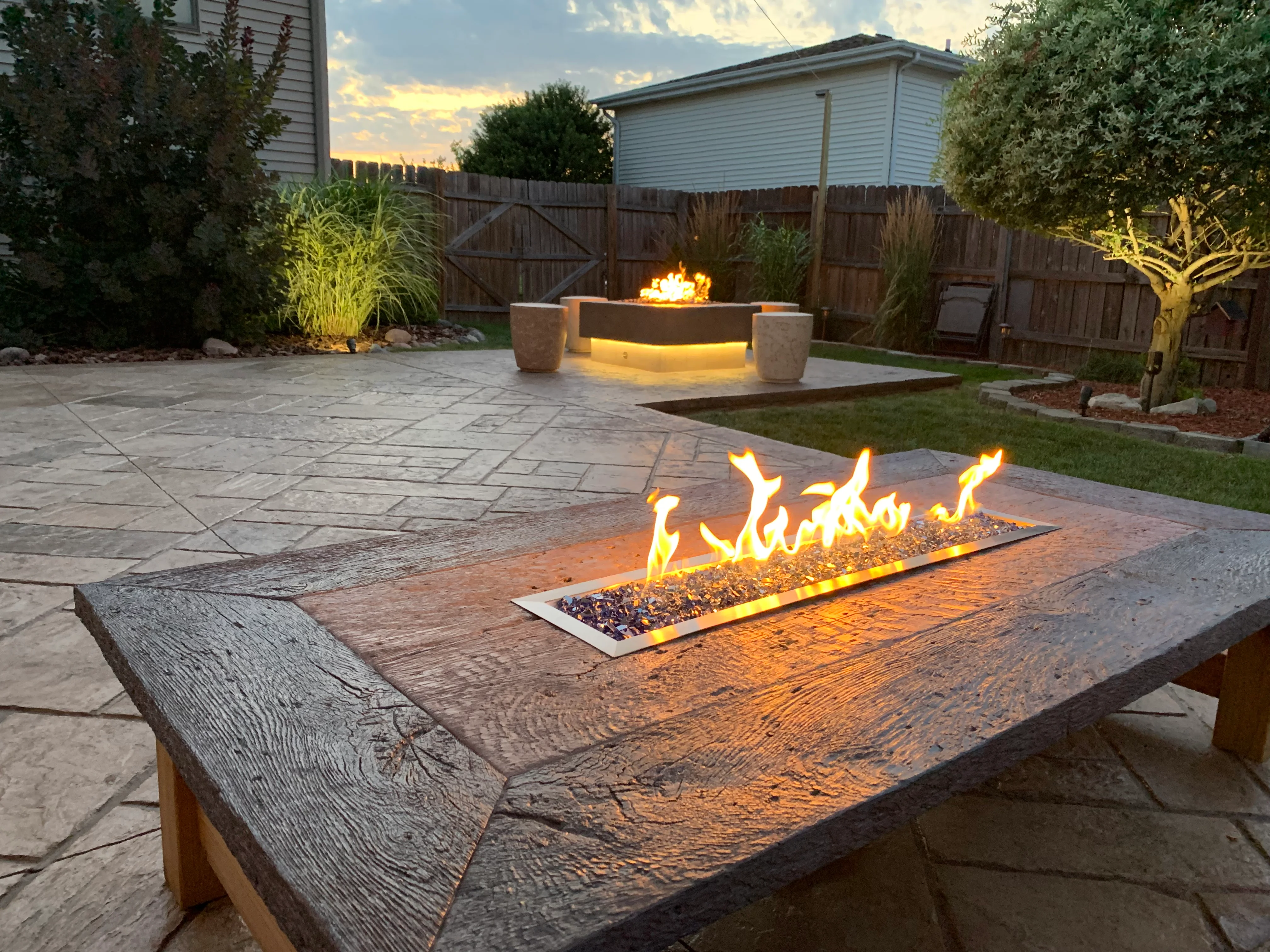 Hoosier Concrete Final Custom stamped patio with fire pit in Valparaiso IN